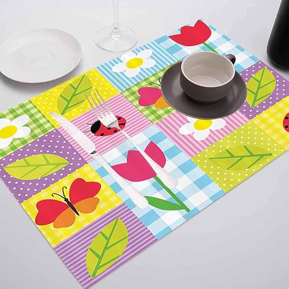 Non Slip Wipeable Placemats Place Mats, Ladybugs Decorations Collection Spring Flowers