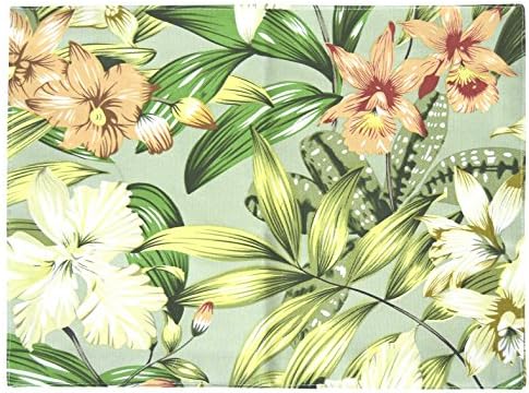 Dining Table Mat Cotton Linen Placemat Small Size ( 15.7 x 11.8 inches) Floral Pattern Printed Heat Insulation Washable Table Pad for Home Kitchen Dining Room Office, Green, 1 Pc
