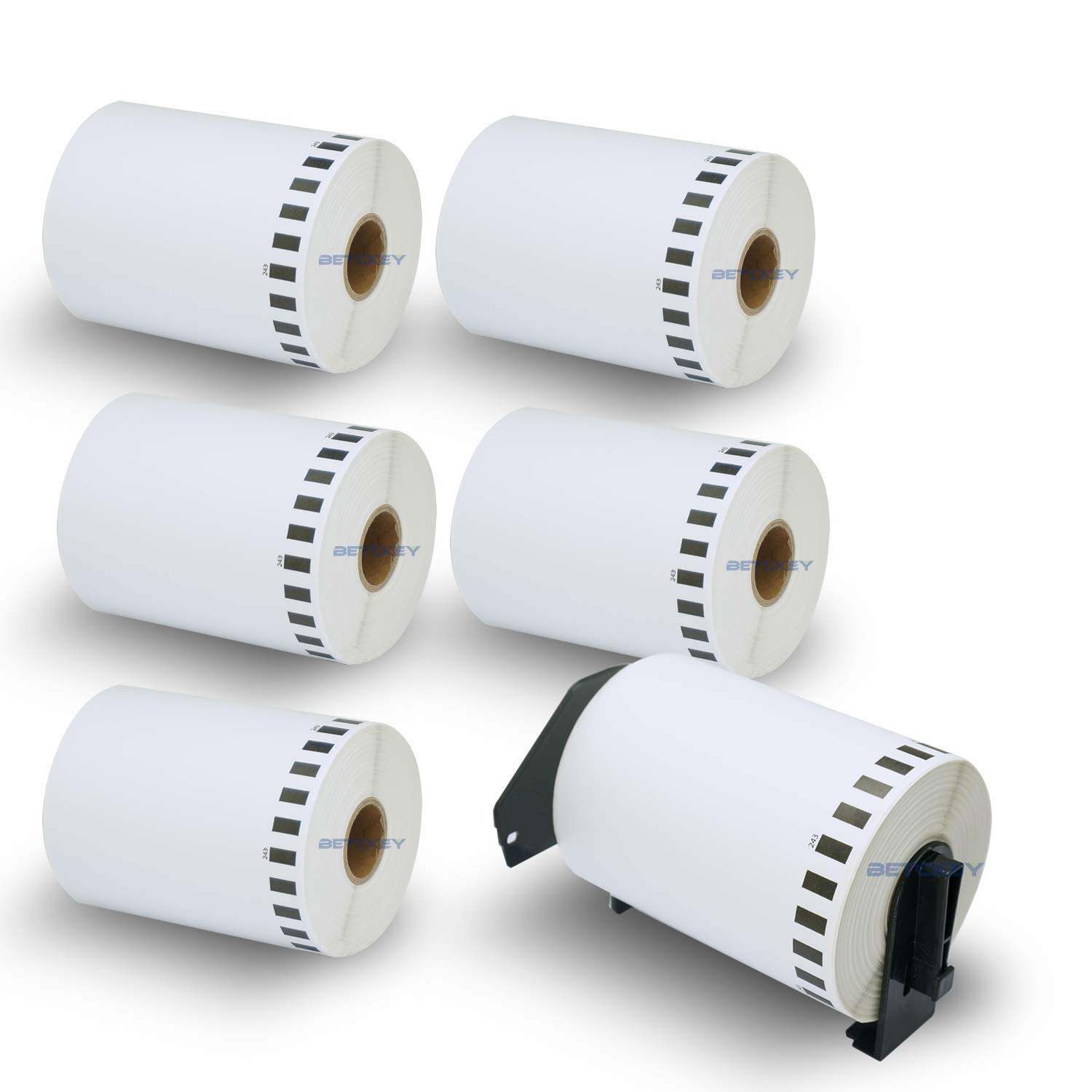 BETCKEY - 6 Rolls DK-22243 Labels with ONLY 1 Reusable Label Holders, 102mm x 30.48m, 6 Continuous Shipping Labels Using for Ql Label Printers