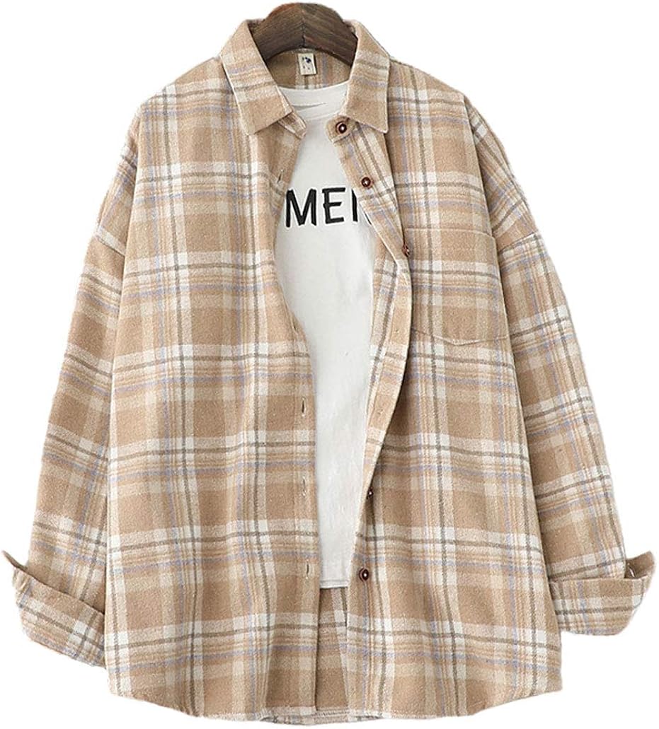GGUHHU Womens Chic Checkered Thick Woolen Shirts Button Down Plaid Outerwear at Amazon Womenâs 