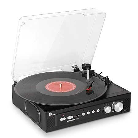 1byone Belt-Drive 3-Speed Mini Stereo Turntable with Built in Speakers, Supports Vinyl to MP3 Recording, USB MP3 Playback, Stereo Headphone Jack, Pitch Control and RCA Output, Black