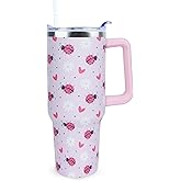 Xchearser 40 oz Cute Daisy Ladybug Tumbler with Handle and Straw, Stainless Steel Insulated Cup with Lid and Straw, Travel Mug Water Bottle, Gifts for Women