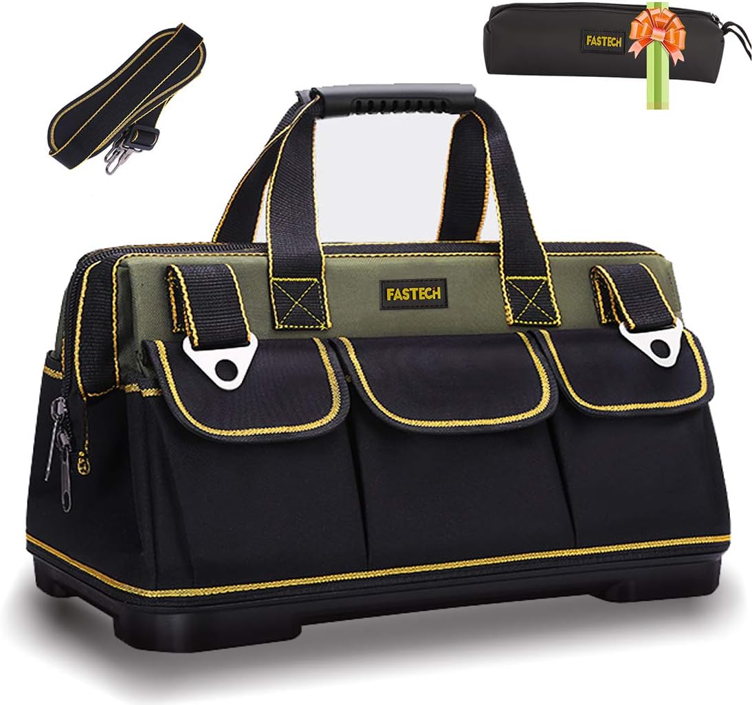 FASTECH 17-inch Wide Mouth Tool Bag with Water Proof Molded Base，Wide Mouth Tool Tote Bag, Waterproof Tool Organizer Bag for Men with Adjustable Shoulder Strap (17 inch) - - 