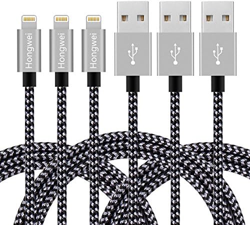 Lightning Cable,HONGWEI Charger Cables,3Pack 6FT 6FT 6FT Nylon Braided High Speed Syncwire Durable Cables for iPhone X,8,8 Plus,7,7 Plus,6s,6s Plus,6,6 Plus,SE,5s,iPad mini,Air(Black Gray