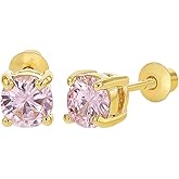 In Season Jewelry Pink CZ Round Kids Earrings - Gold Plated Earrings for Girls with Secure Screw Backs - Safe & Comfortable for Toddlers, Kids & Little Girls