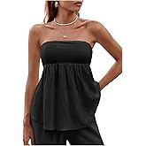SHENHE Women's Ruffle Peplum Tube Top Strapless Asymmetrical Flowy Babydoll Bandeau Tops