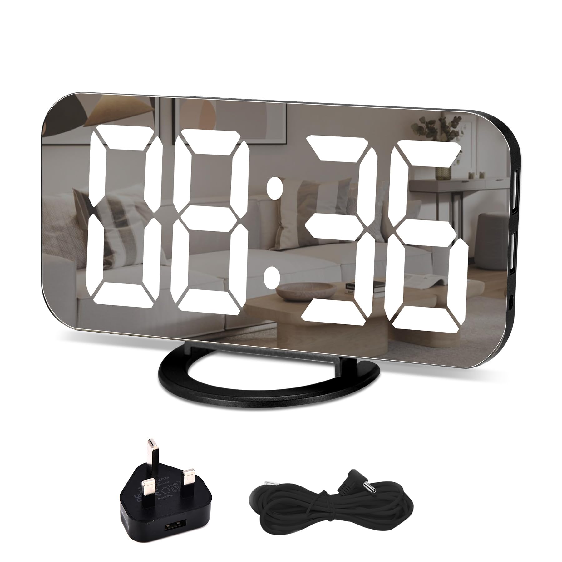 U-picks Digital Alarm Clock, 6.5 Inch Large LED Screen Alarm Mirror with Brightness Dimming Mode, Adjustable Brightness, 2 USB Charging Ports, Big Snooze Button for Home Decor Black