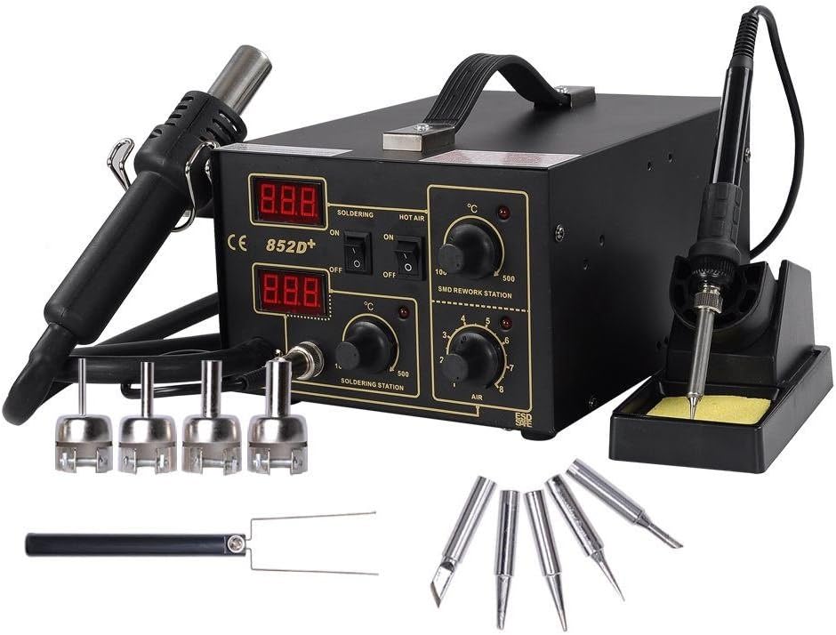2in1 SMD Soldering Rework Station Hot Air & Iron 852d+ 5tips ESD Plcc BGA