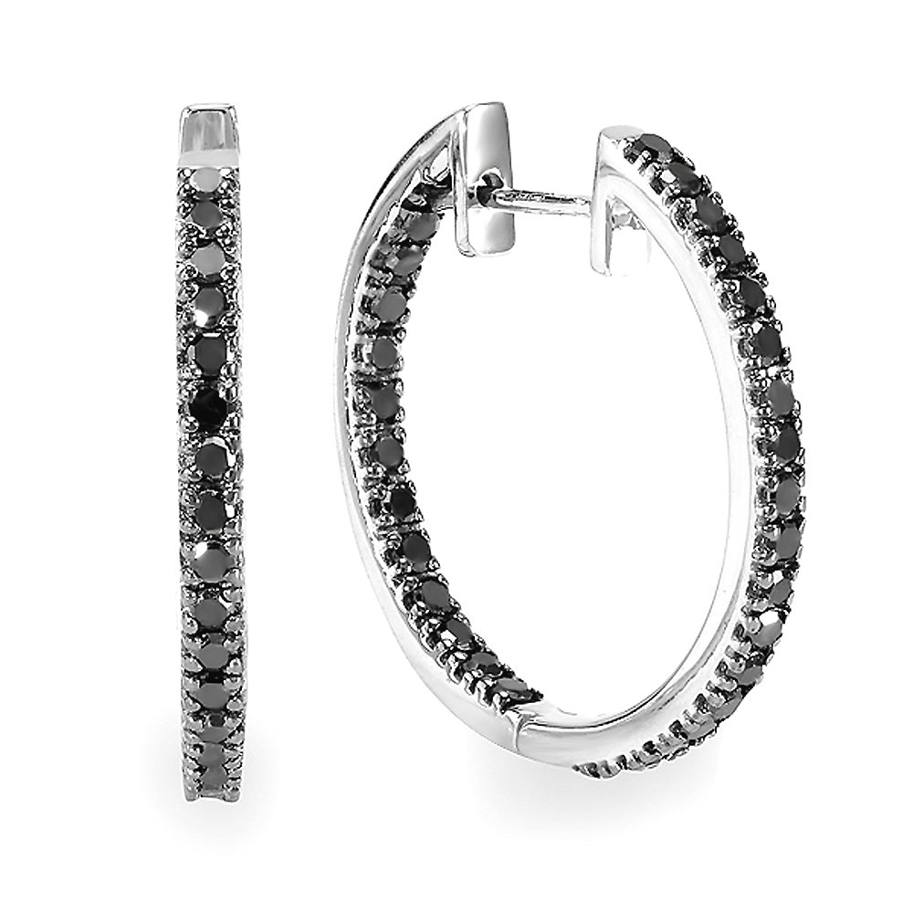 Dazzlingrock Collection 1.25 Carat (ctw) Black Round Diamond Ladies Hoop Earrings 1 1/4 CT, Sterling Silver