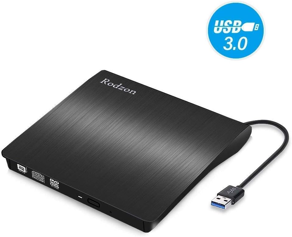 Rodzon External DVD Drive, USB 3.0 Compact DVD CD ROM Writer/Rewriter/Burner- （black）
