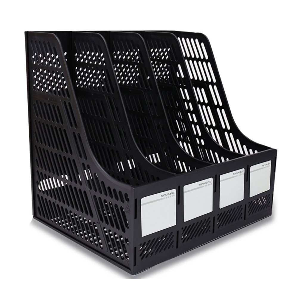 Photo 1 of SAYEEC Desktop Magazine Holder Desk File Organizer 4 Compartments Vertical File Dividers Book Holder Frames Document Cabinet Rack Storage Organizer Box for Home Office School Black