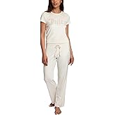 Juicy Couture Women's 2 Piece Velvet Fleece Short Sleeve Shirt and Pants Lounge Sleepwear Set