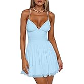 Mokoru Women's Sexy Sleeveless Spaghetti Strap Mini Dress Ruched Ruffle Hem V Neck Short Party Dresses