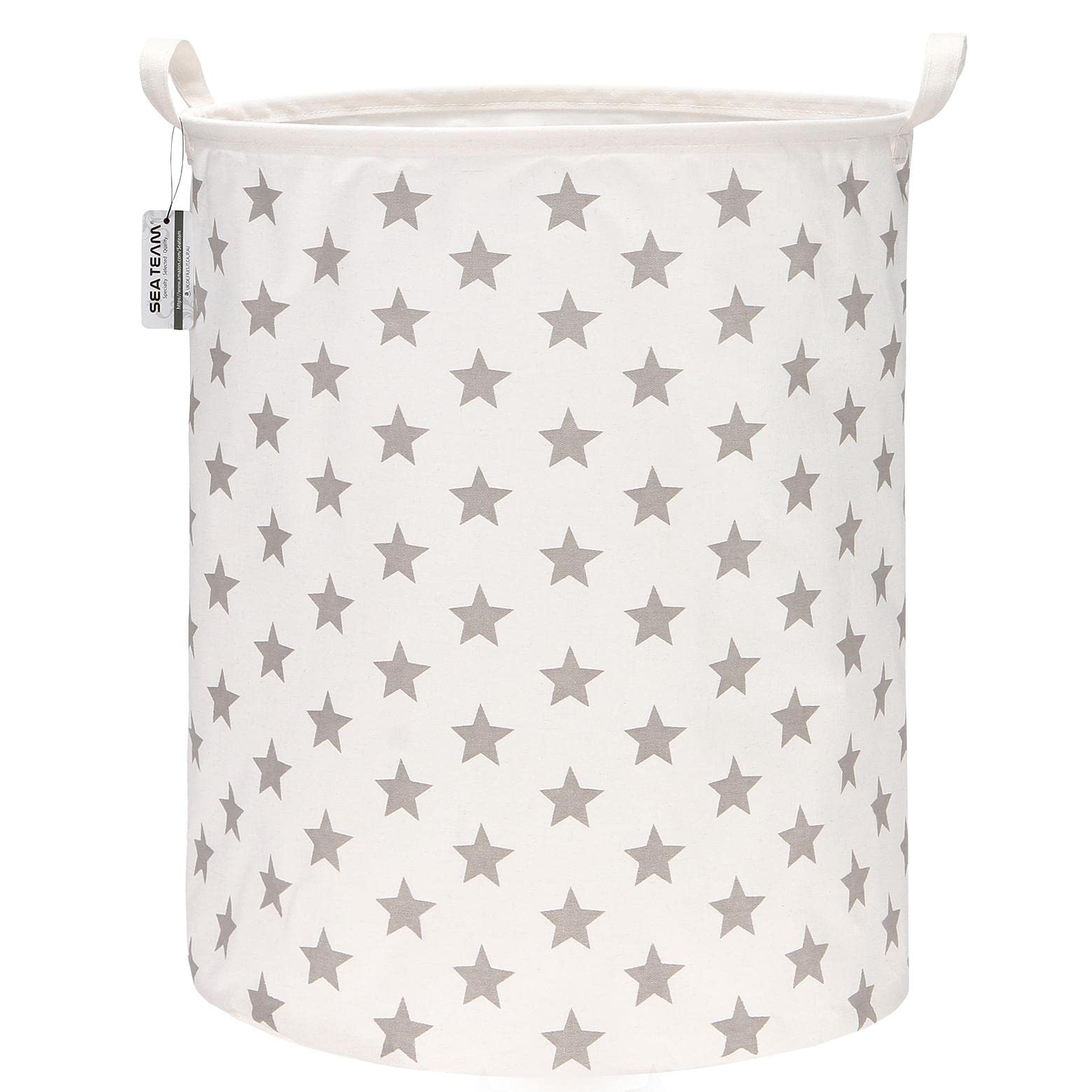 Sea Team 19.7 Inch Large Sized Waterproof Coating Ramie Cotton Fabric Folding Laundry Hamper Bucket Cylindric Burlap Canvas Storage Basket with Stylish Grey Stars Design