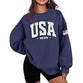 Dressmine Womens Oversized USA Sweatshirt Fleece Long Sleeve Pullover American Flag Crewneck Sweater Graphic Hoodies