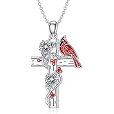 BETHZA Cardinal Cross Necklace 925 Sterling Silver Red Bird Cardinal Religious Cross Pendant with Diamonds Animal Jewelry for Women