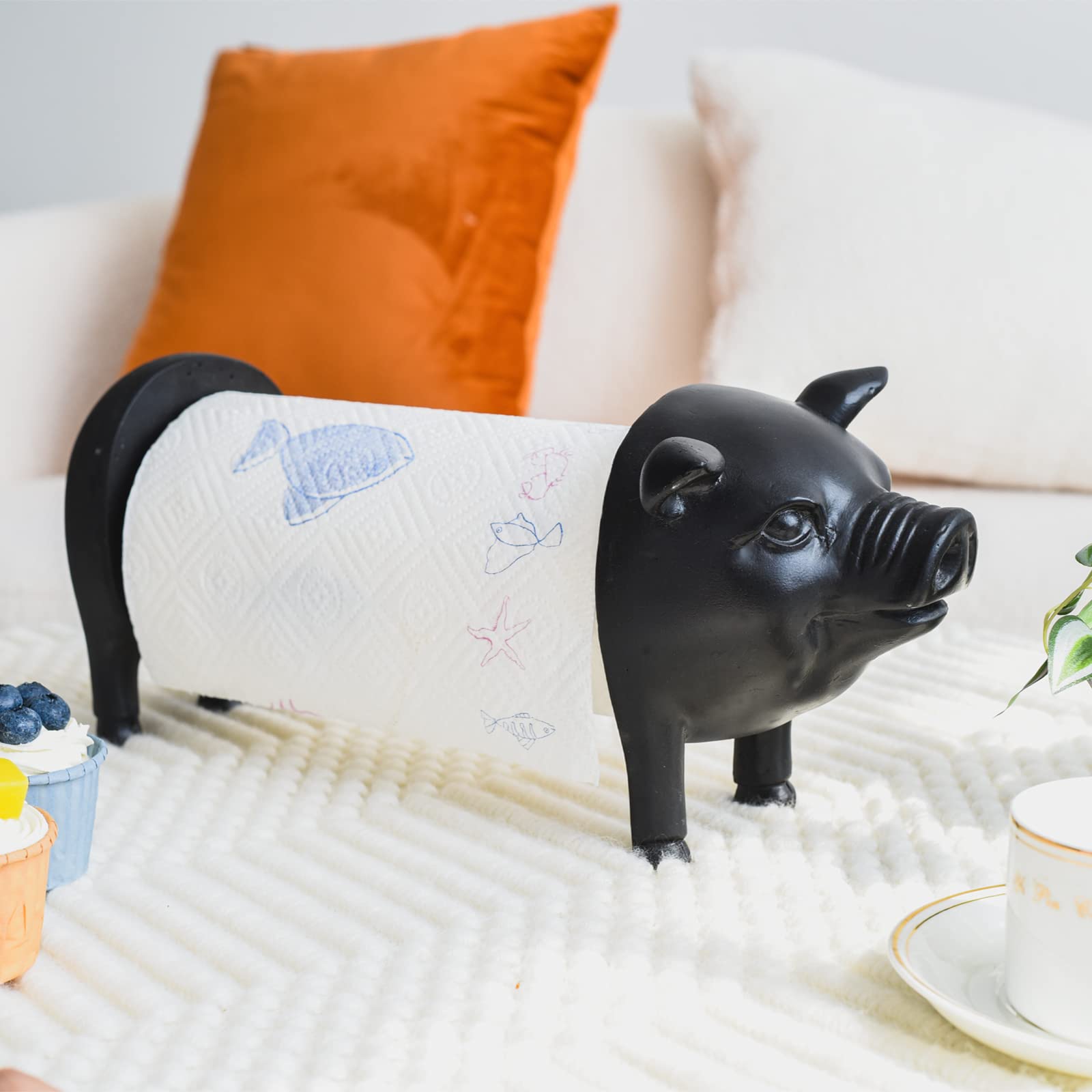 Photo 1 of Black Pig Paper Towel Holder Farmhouse Paper Towel Holder, Rustic Country Decorative Standing Utensil for Kitchen, Vintage Animal Tissue Towel Display Stand,