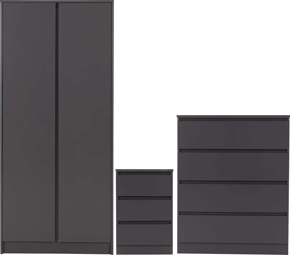 Seconique Malvern Trio Set Grey 2 Door Wardrobe & 3 Drawer Bedside