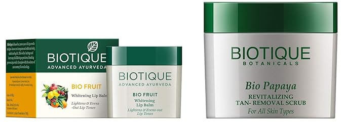 Biotique Bio Fruit Whitening Lip Balm, 12g and Biotique Bio Papaya Revitalizing Tan Removal Scrub for All Skin Types, 75g