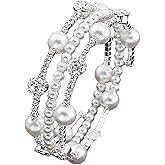Piegricdiat 1920s Vintage Pearl Rhinestone Bracelet for Women - 20s Silver Multi-Layer Stretch Wrap Cuff Bangle Wedding Bridal Jewelry Accessories Gift