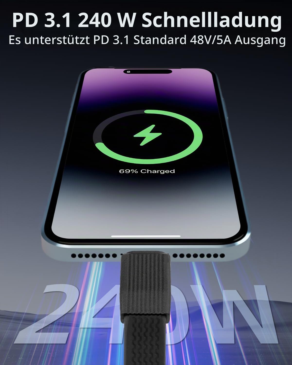 YANBORONSN 80Gbps Flaches USB-4 Kurzkabel, USB-C Schnellladekabel, PD 240W 90 Grad Typ C Stecker auf Typ C Stecker Ladekabel, 8K@60Hz Videoanzeige für Telefone, Tablets, Laptops (67MM) 2