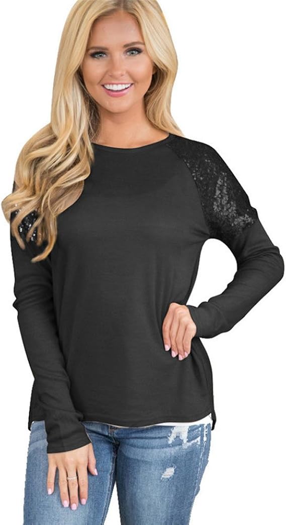 Haomei Women's Cotton Sequin Long Sleeve Tops ONeck Casual Pullover