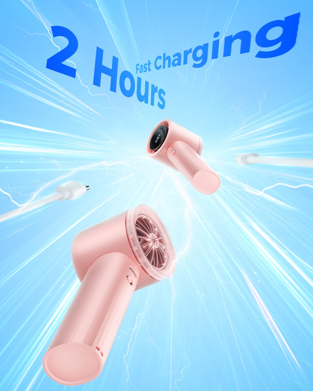 SWEETFULL Portable Handheld Fan Rechargeable - 6 Gear High Speed Powerful Mini Turbo Fan with Flashlight, Digital Display, Personal Fans Blow Cold Air for Travel Essentials, Gift for Women Men (Pink)
