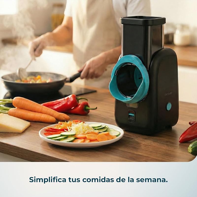 Cortador de Legumes Elétrico - Máquina de Saladas - Total Blade totalmente preto. Processador de alimentos, 4 cilindros intercambiáveis, cortes, grelhas e folhas, destacáveis, compactos, saladas em segundos