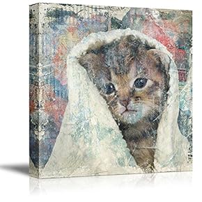 Square Cat Series Canvas Wall Art - A Little Kitty with a Towel - Giclee Print Gallery Wrap Modern Home Art Ready to Hang - 12x12 inches