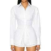 Women's Button Down Shirt with Back Lace-Up Detail and Cinched Waist Blouse Tops, Stylish Office & Casual Shirt