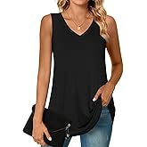 POPYOUNG Women's Long Tunic Tank to Wear with Leggings Summer V-Neck Sleeveless Tops Loose Shirts