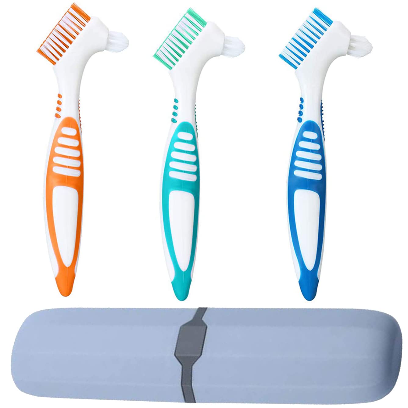 Pack of 3 Hard Denture Brushes with White Carry Case for Cleaning False Teeth (3 Colours) Bathroom Accessories