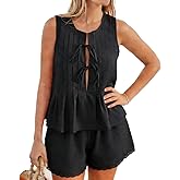 Xfileen Women Summer 2 Piece Sets Fashion Pleated Tie Front Tops and Shorts set Cozy Cotton Pajamas Set