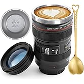 Tmango Camera Lens Coffee Mug with Clear Lid and Spoon – Lightweight Lens Cup Replica, Gift for Photographers