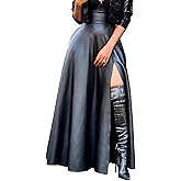 SEMATOMALA Women's Black Faux Leather Maxi Slit Skirt High Waisted A Line Long Swing Vintage Party Club Skirts