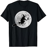 Flying Witch On Broomstick Halloween Full Moon Black Cat T-Shirt for Men Women Kids