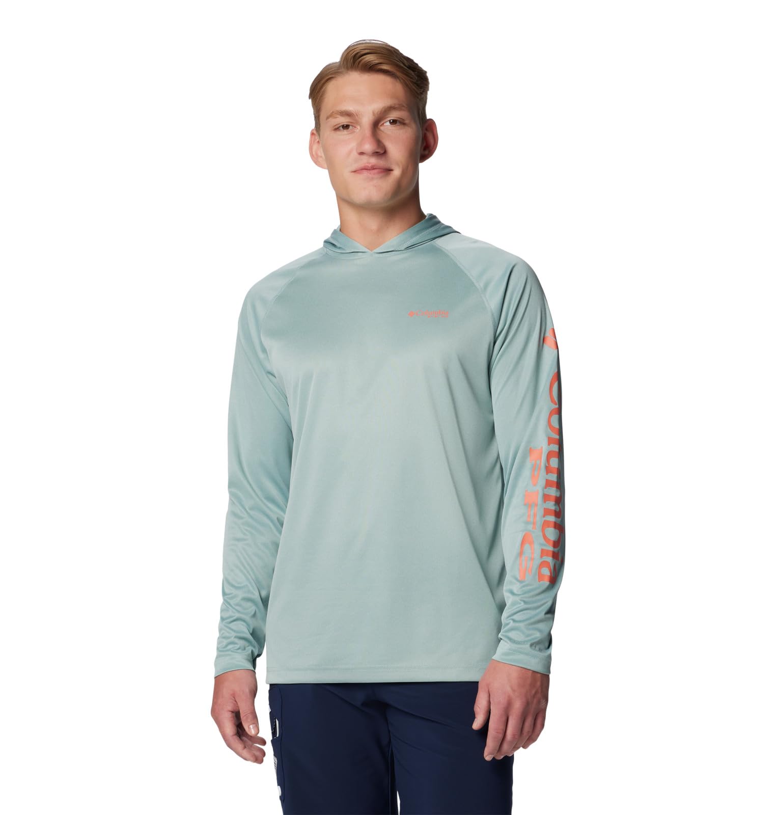 Columbia Men's Terminal Tackle Heather Hoodie, Crushed Blue Heather/Faded Peach Logo, Small Image Columbia Men's Terminal Tackle Heather Hoodie, Crushed Blue Heather/Faded Peach Logo, Small Image