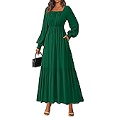KIRUNDO Casual Fall Dresses for Women 2026 Flowy Long Sleeve Maxi Dress Smocked Empire Waist Square Neck Wedding Party