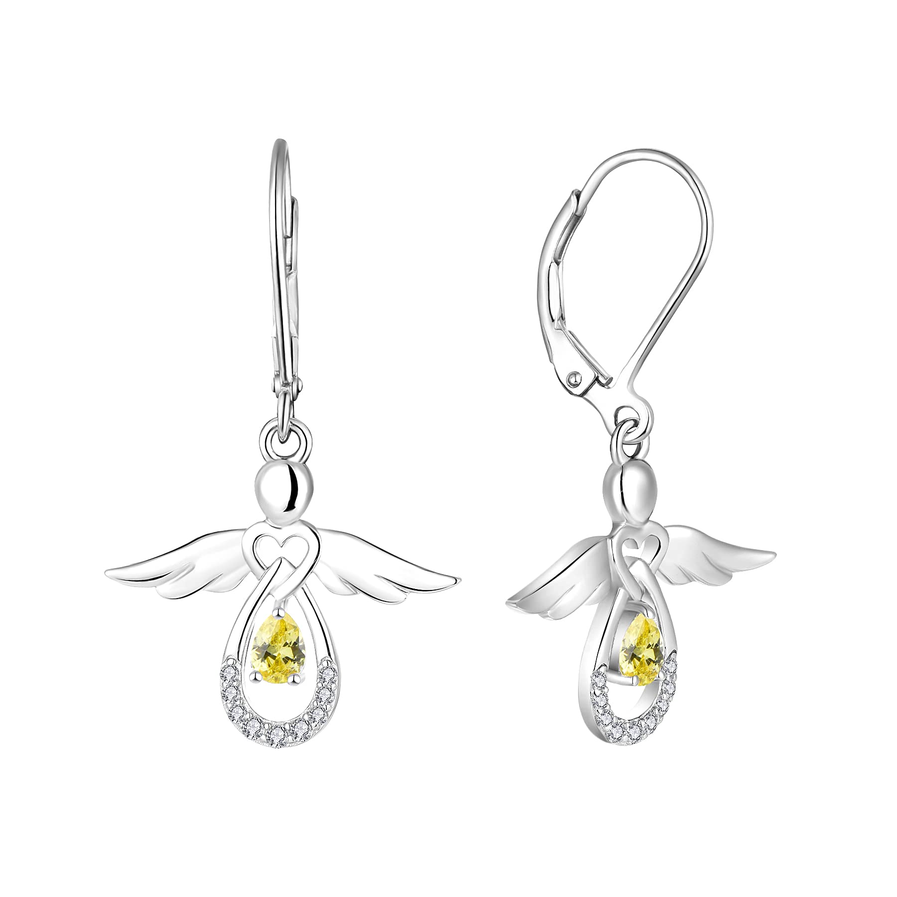 FJ Guardian Angel Earrings 925 Sterling Silver Leverback Dangle Drop Earrings Citrine November Birthstone Jewellery for Women