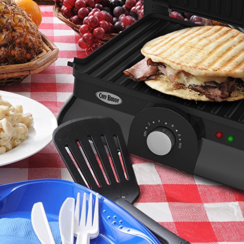 Panini Press Indoor Grill and Gourmet Sandwich Maker, Electric with Nonstick Plates by Chef Buddy
