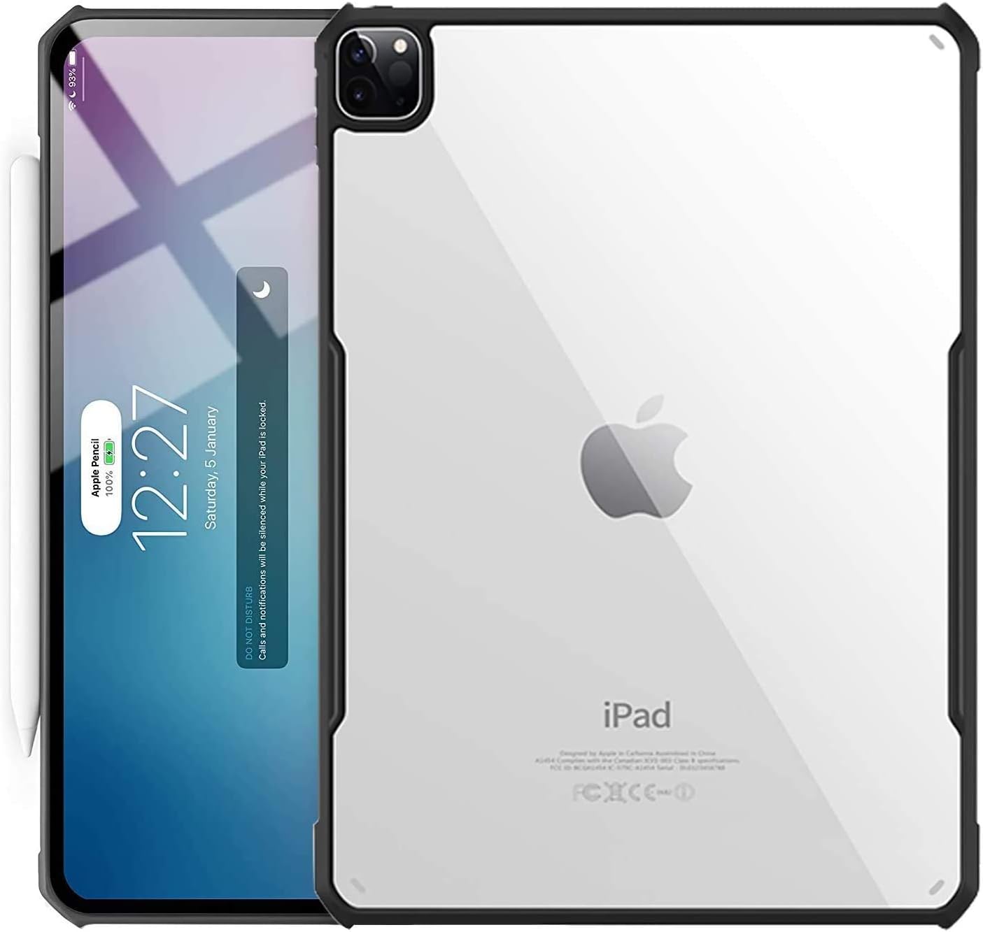 Case for iPad Pro 12.9" 2020 [Support Apple Pencil 2 Charging Function] Flexible TPU Air-Pillow Edge Bumper Cushion Combines Ultra Slim Lightweight Transparent Hard PC Back Cover Shell,Black