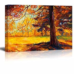 Canvas Prints Wall Art - Original Oil Painting Showing Autumn Landscape.Big Old Tree in The Forest - 12" x 18"
