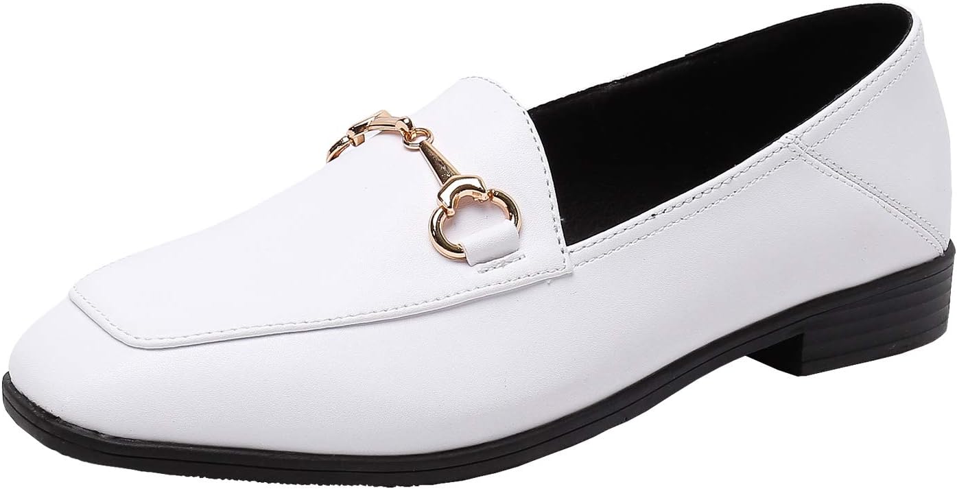 Modenpeak Women's White Leather Loafers Horsebit Slip On Flats Shoes-8
