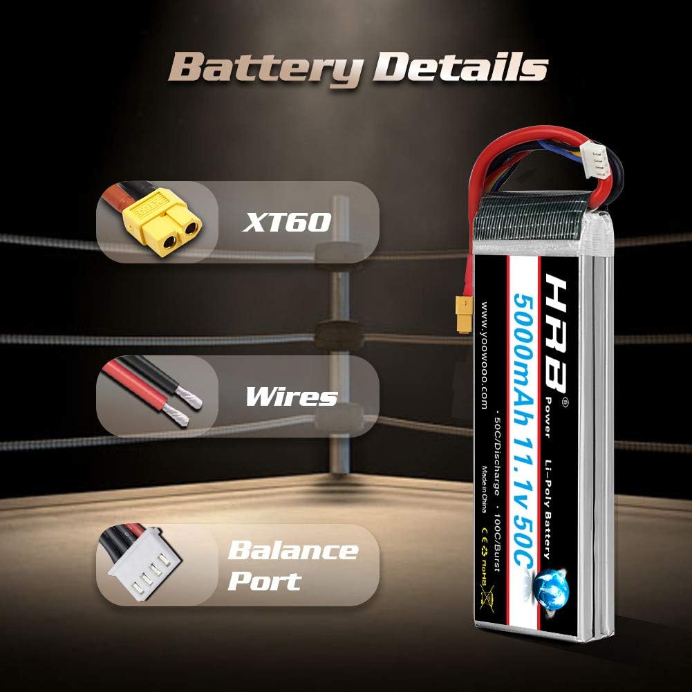 HRB 11.1V 5000mAh 3S 50C-100C LiPo Battery Pack with XT60 Plug for RC Car Boat Quadcopter Heli Airplane Drone Racing Quad Copters RC Evader BX Truggy Hobby Traxxas Slash (XT60) - Image 5