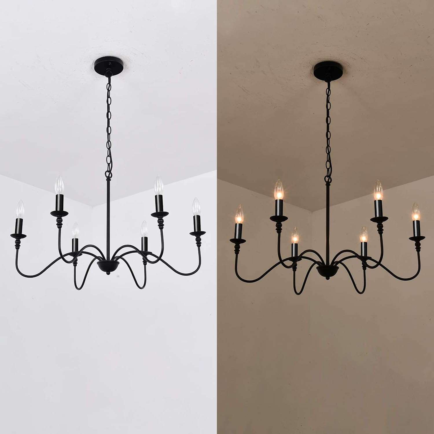 Black Metal Farmhouse Chandelier 6 Light, Classic Wrought Iron Ceiling Pendant Light Fixture and Traditional Style for Dining Table Living Room Foyer - - 