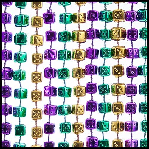 Dice Mardi Gras Beads - 1 Dozen Purple, Green, & Gold for Casino or Bunco Parties