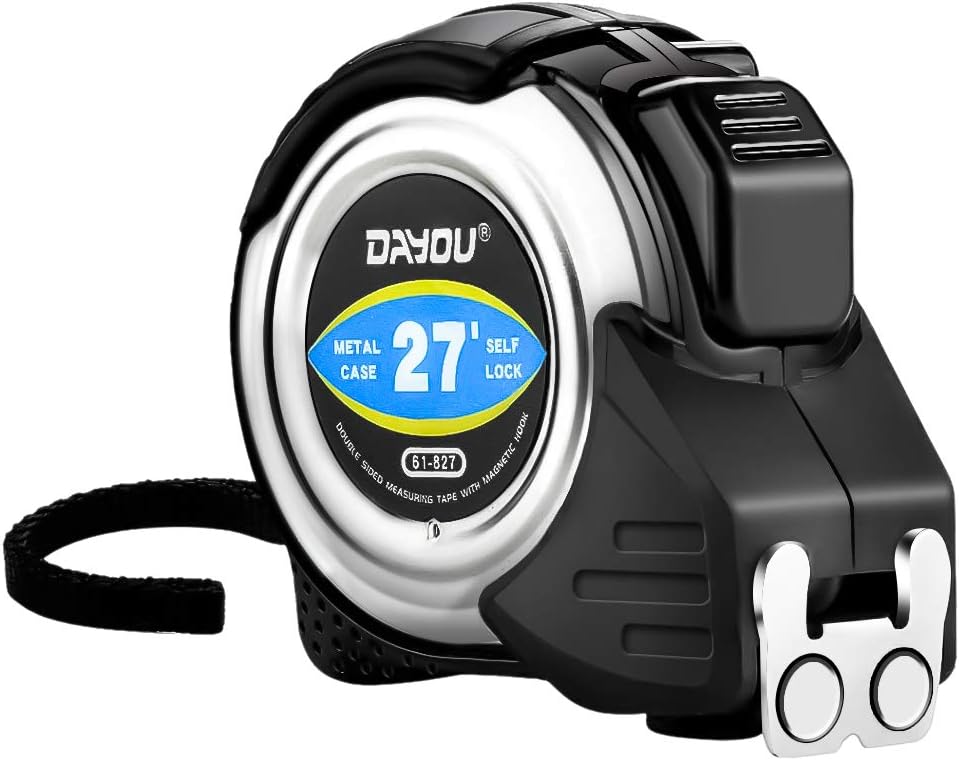 Tape Measure with Fractions – Tape Measure Double Sided Metric and Inches, Dual Lock Releases, Measuring Tape with Magnetic Hook, Self-Locking, Metal Casing, 27 FT X 8 M