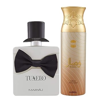 Maryaj Tuxedo Eau De Parfum Spicy Woody Perfume 100ml for Men and Ajmal Wisal Deodorant Floral Musky Fragrance 200ml for Women + 2 Parfum Testers FREE