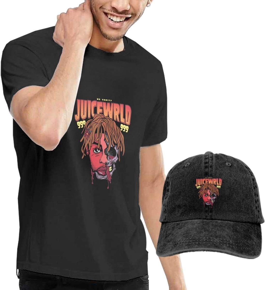 Baostic Juice WRLD Skull Poster T-Shirts and Caps, Black Fashion Sport Casual T-Shirt + Cowboy Hat Set for Men