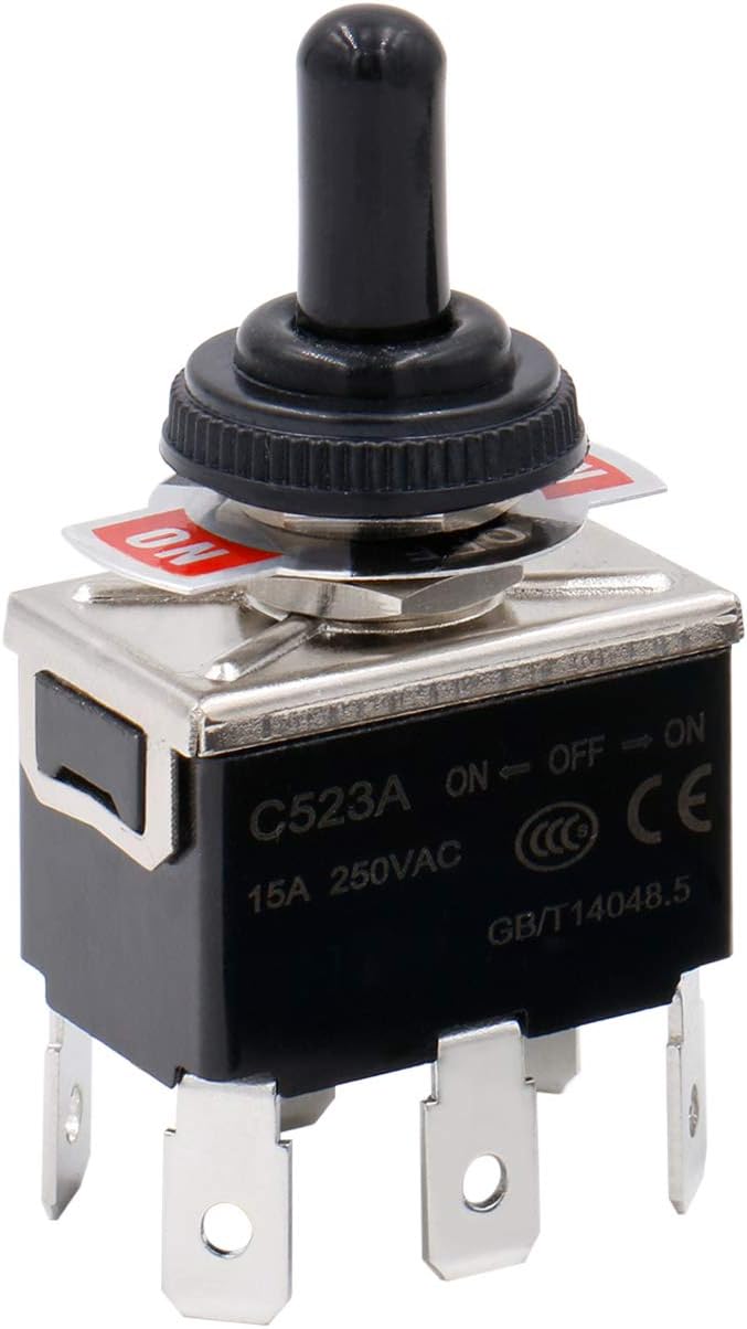 Heschen Metal Toggle Switch, C523A, DPDT, Maintained, ON/OFF/ON 3 position, 15A 250VAC, 6 Tab Terminal, CE, with Waterproof Cap (1)